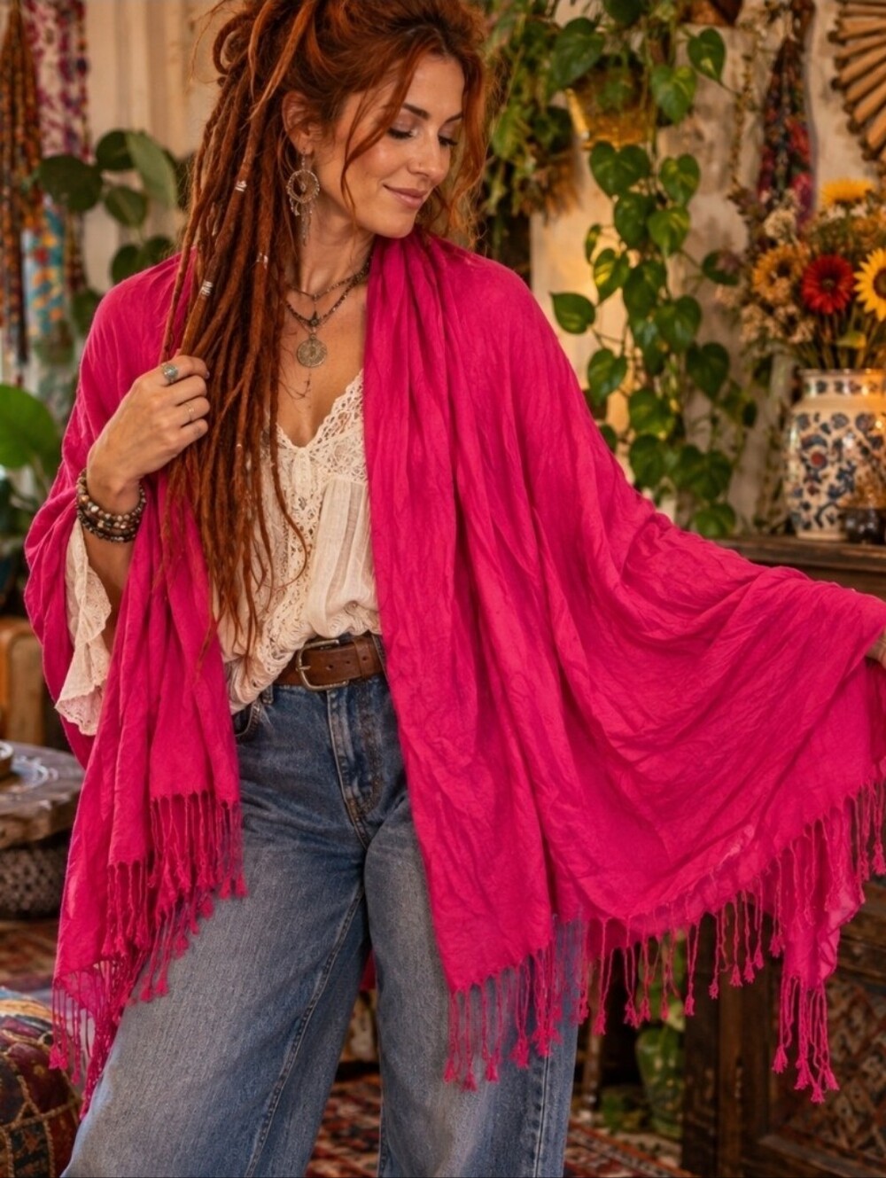 4/$15 Hot Pink Fringe Shawl Wrap | Boho Festival Maximalist 70s Hippie